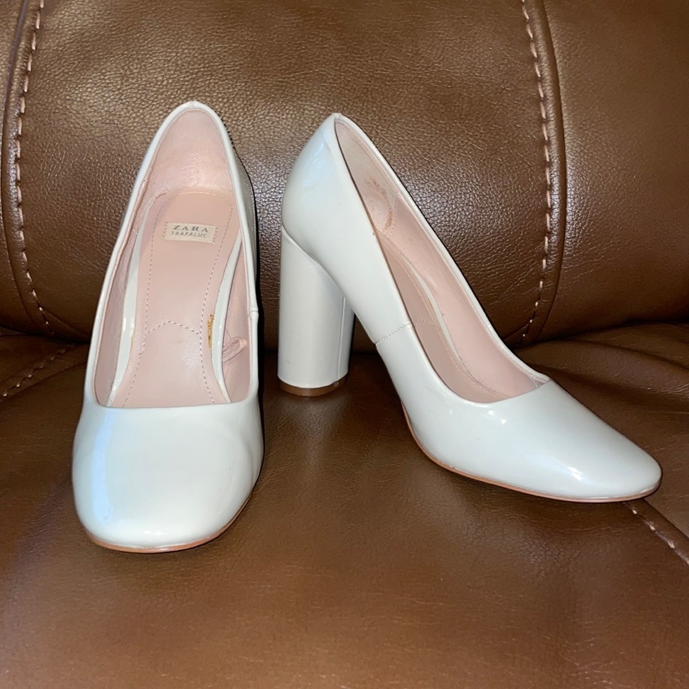 Zara Cream Patent Pumps with Block Heel